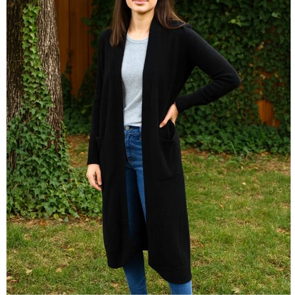 Nordstrom 100% Cashmere Black Long Duster Open Front Cardigan Sweater XS - Picture 1 of 7